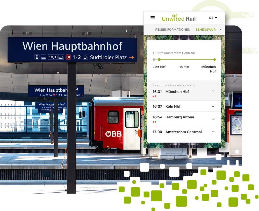 Hauptbahnhof Wien mit Zug und MockUp Passagier Informationen System am handy