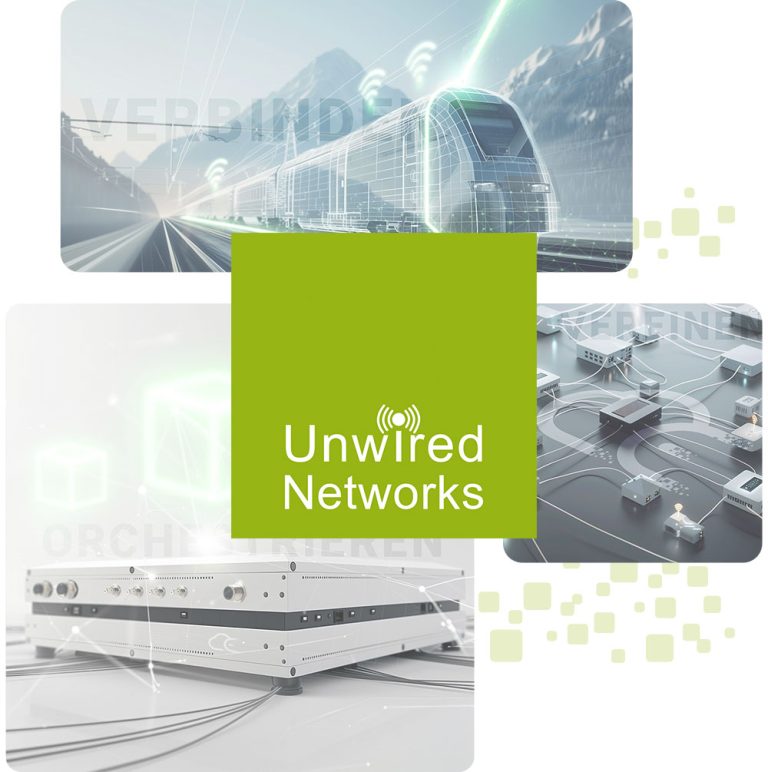 Unwired Networks Logo with futuristic train, network devices and edge computing containers around it